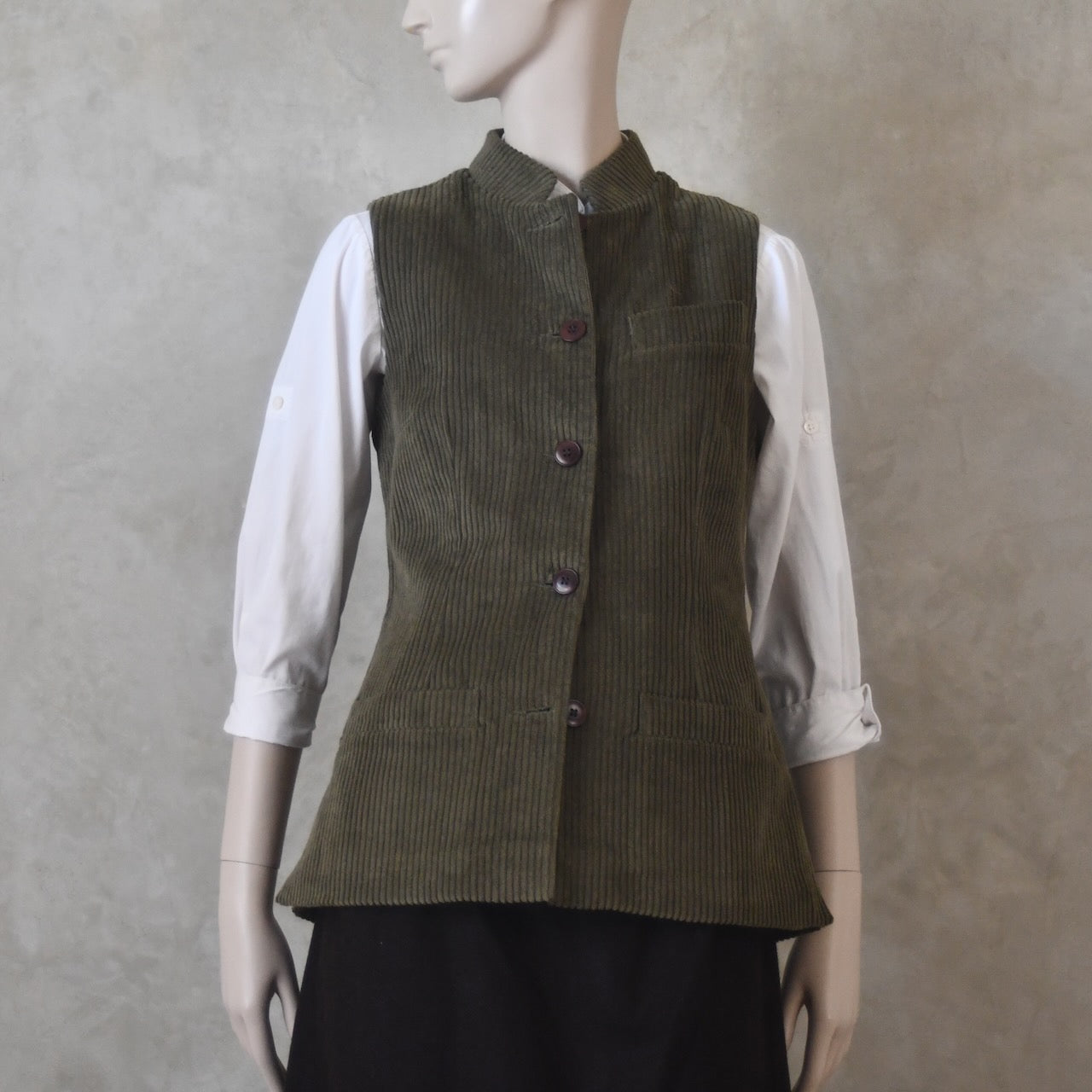 Ladies Classic Cut Waistcoat in Khaki Corduroy