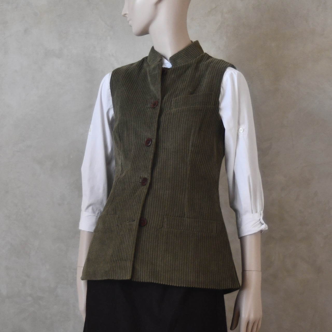 Ladies Classic Cut Waistcoat in Khaki Corduroy
