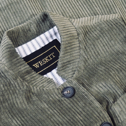 Nehru Collar Close Up  on Ladies Shaped Cut Gilet in Khaki Cotton Corduroy. Handmade in London.