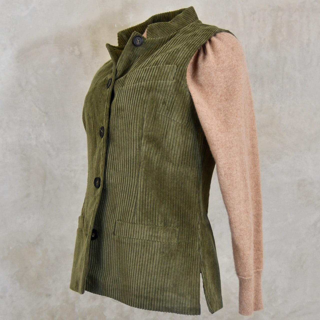 Ladies Shaped Cut Gilet in Khaki Cotton Corduroy. Handmade in London.