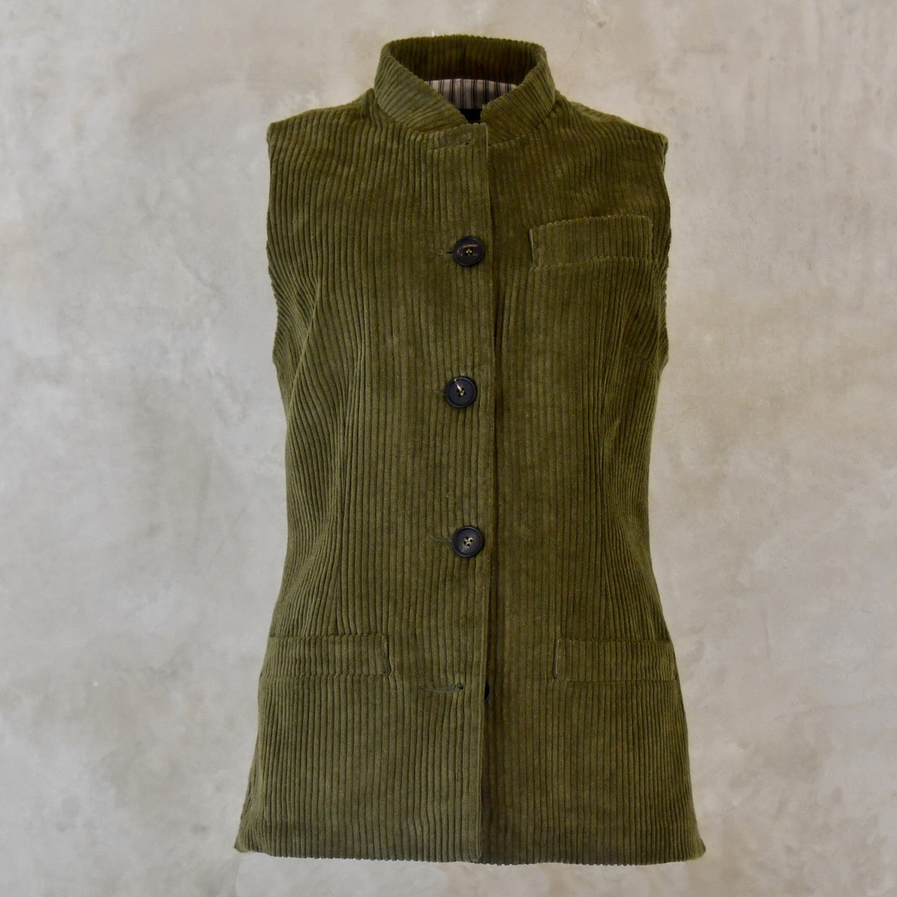 Front View of Ladies Shaped Cut Gilet in Khaki Cotton Corduroy. Handmade in London.
