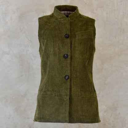Front View of Ladies Shaped Cut Gilet in Khaki Cotton Corduroy. Handmade in London.