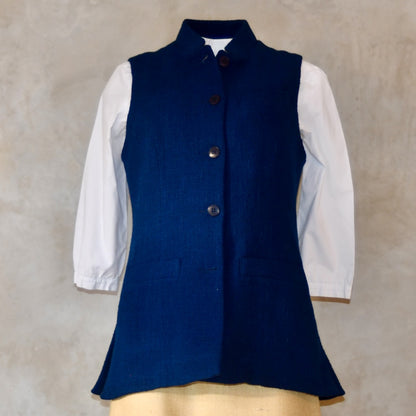 Navy Ladies' Waistcoat in Linton Tweeds Boucle. This pure cotton boucle has a lightweight feel and a gentle handle. Perfect for spring, autumn and cooler summer days. Handmade in London.