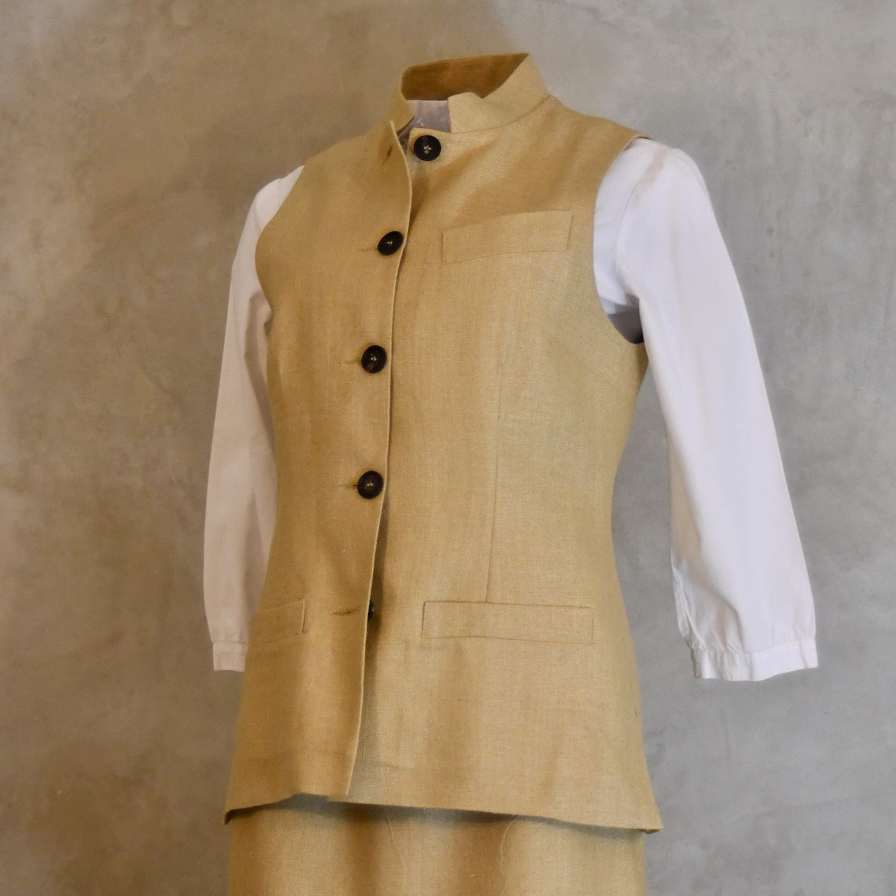 Ladies Summer Gilet in Sand coloured Silk Matka. Handmade in London.