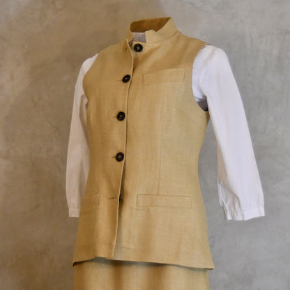 Ladies Summer Gilet in Sand coloured Silk Matka. Handmade in London.