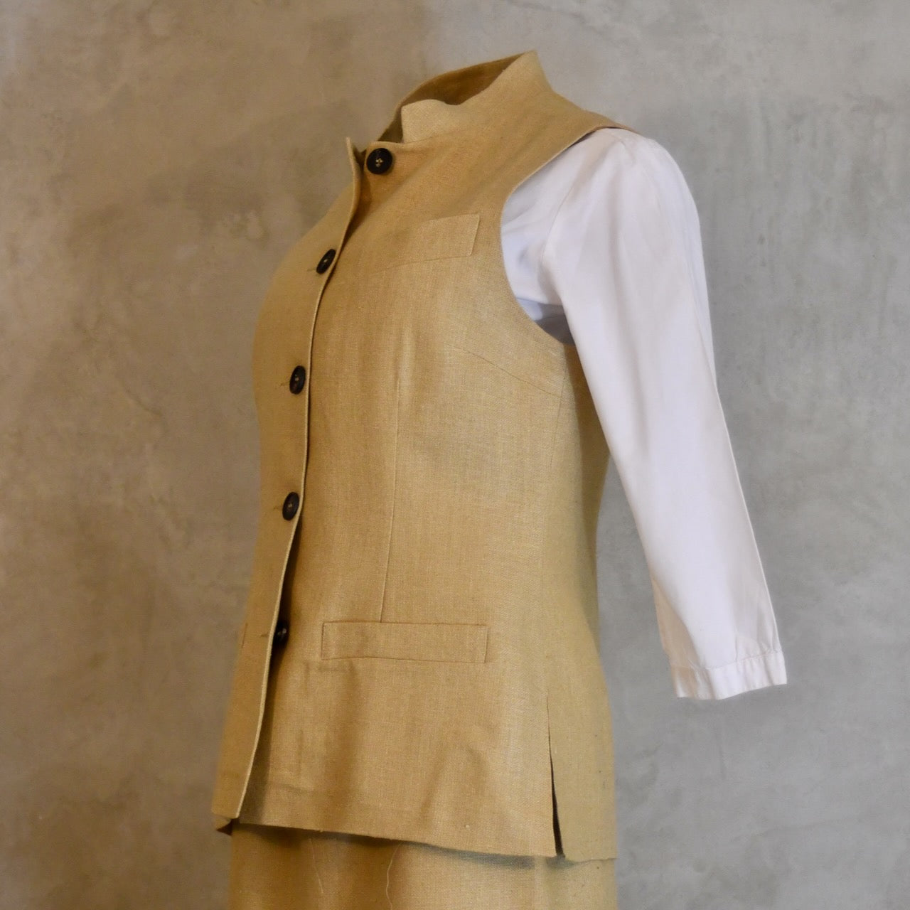 Side View of Ladies Summer Gilet in Sand coloured Silk Matka. Handmade in London.