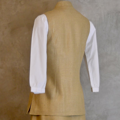 Side Rear View of Ladies Summer Gilet in Sand coloured Silk Matka. Handmade in London.