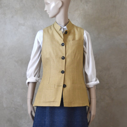 Buttoned front view Ladies Silk Gilet in Sand coloured Silk Matka. Handmade in London with a Nehru Collar and Horn buttons.