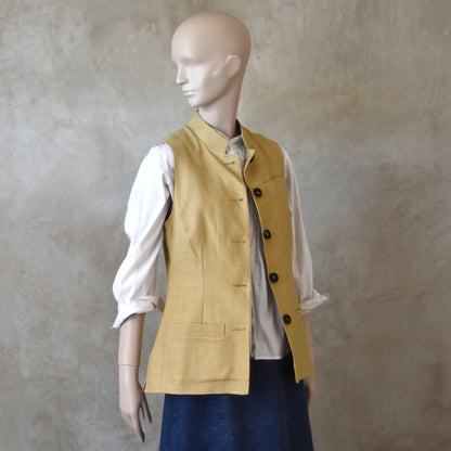 Unbuttoned front view Ladies Silk Gilet in Sand coloured Silk Matka. Handmade in London with a Nehru Collar and Horn buttons.