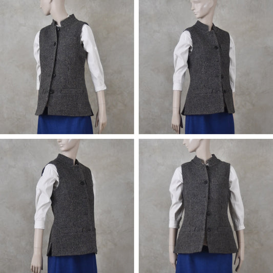 Ladies Classic Cut Waistcoat in Small Blue Check Lovat Tweed
