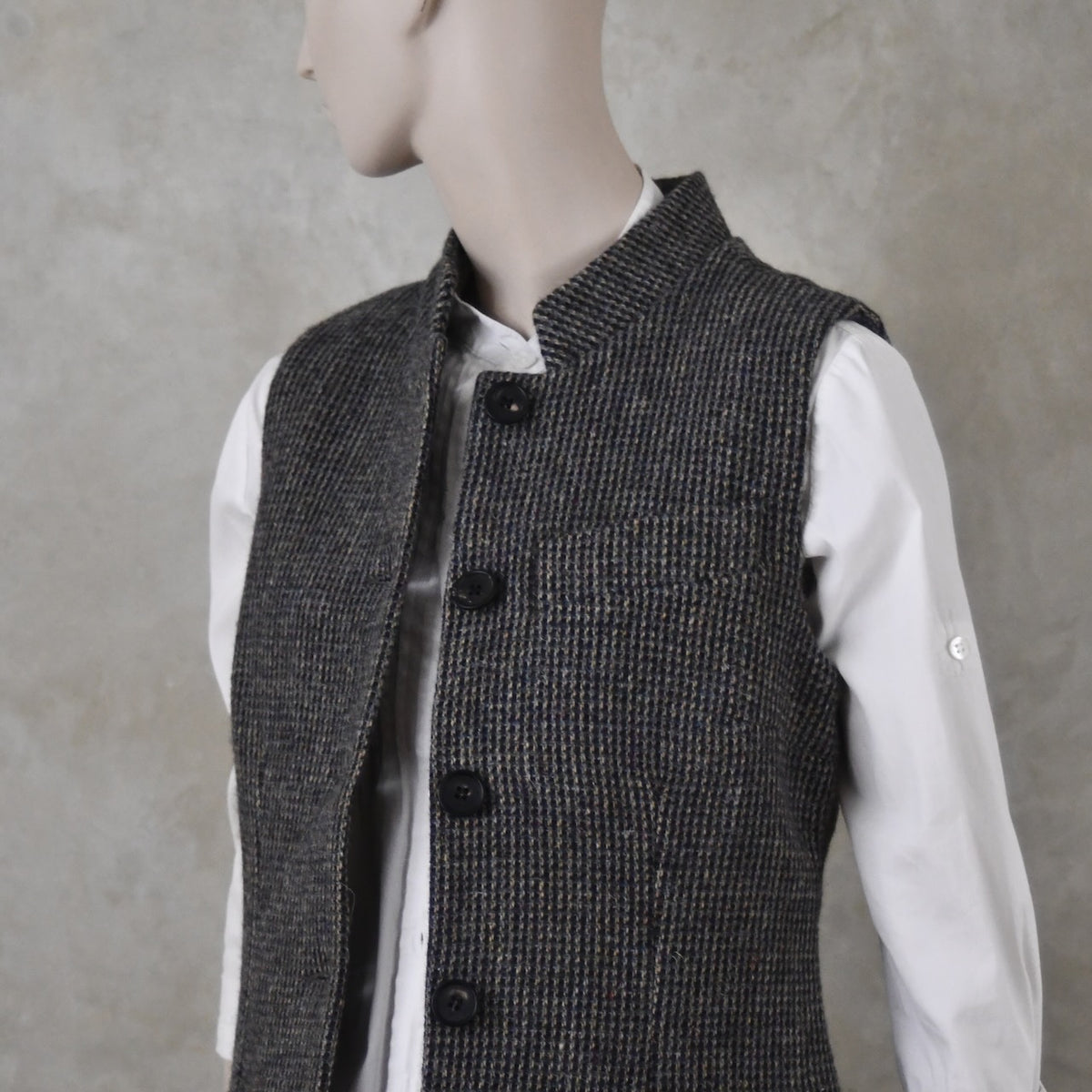 Ladies Classic Cut Waistcoat in Small Blue Check Lovat Tweed