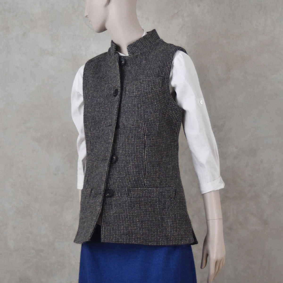 Ladies Classic Cut Waistcoat in Small Blue Check Lovat Tweed