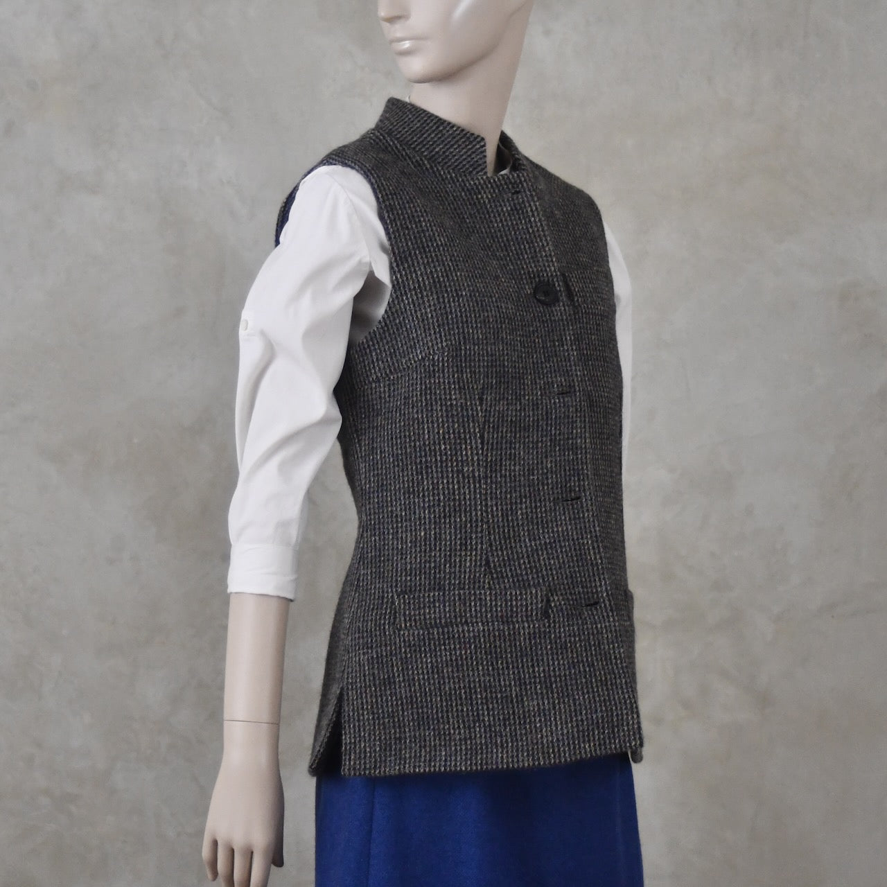 10 – Ladies Classic Cut Waistcoat in Small Blue Check Lovat Tweed