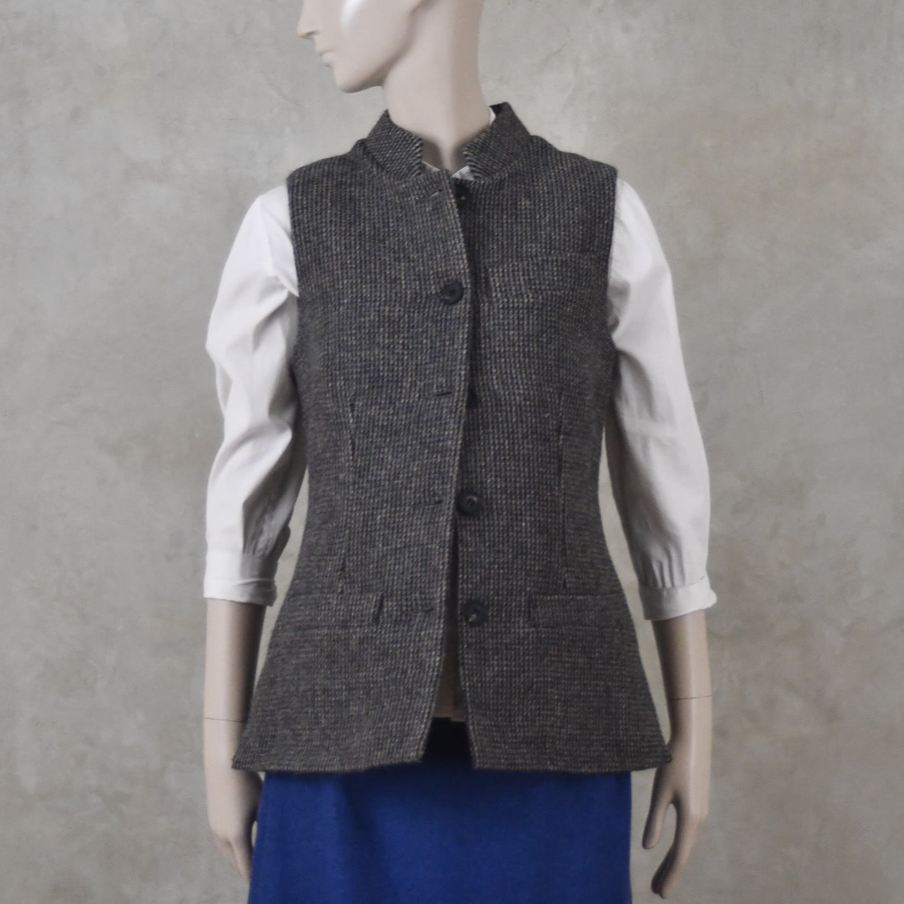 10 – Ladies Classic Cut Waistcoat in Small Blue Check Lovat Tweed