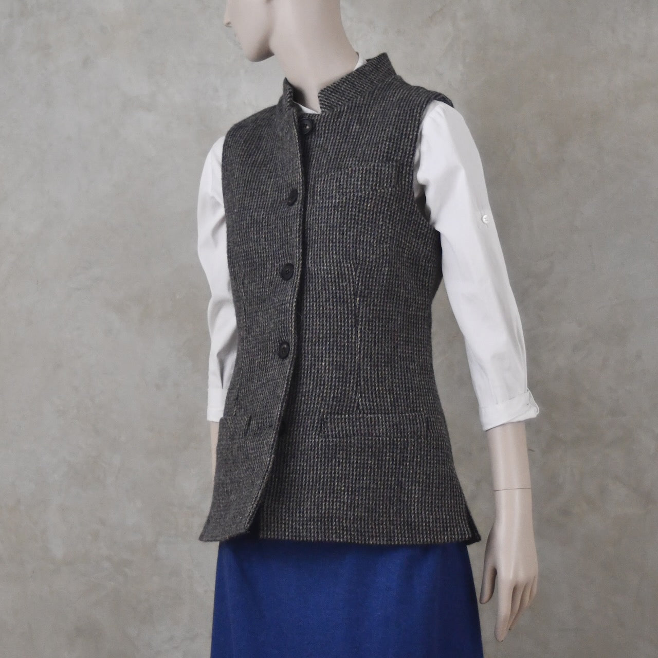 10 – Ladies Classic Cut Waistcoat in Small Blue Check Lovat Tweed