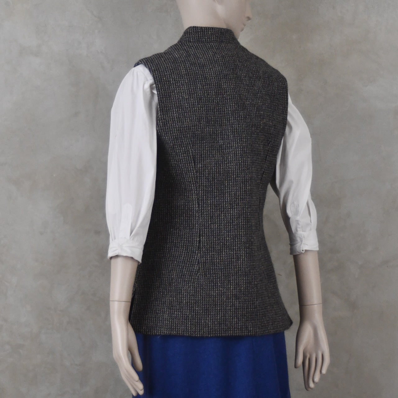 10 – Ladies Classic Cut Waistcoat in Small Blue Check Lovat Tweed