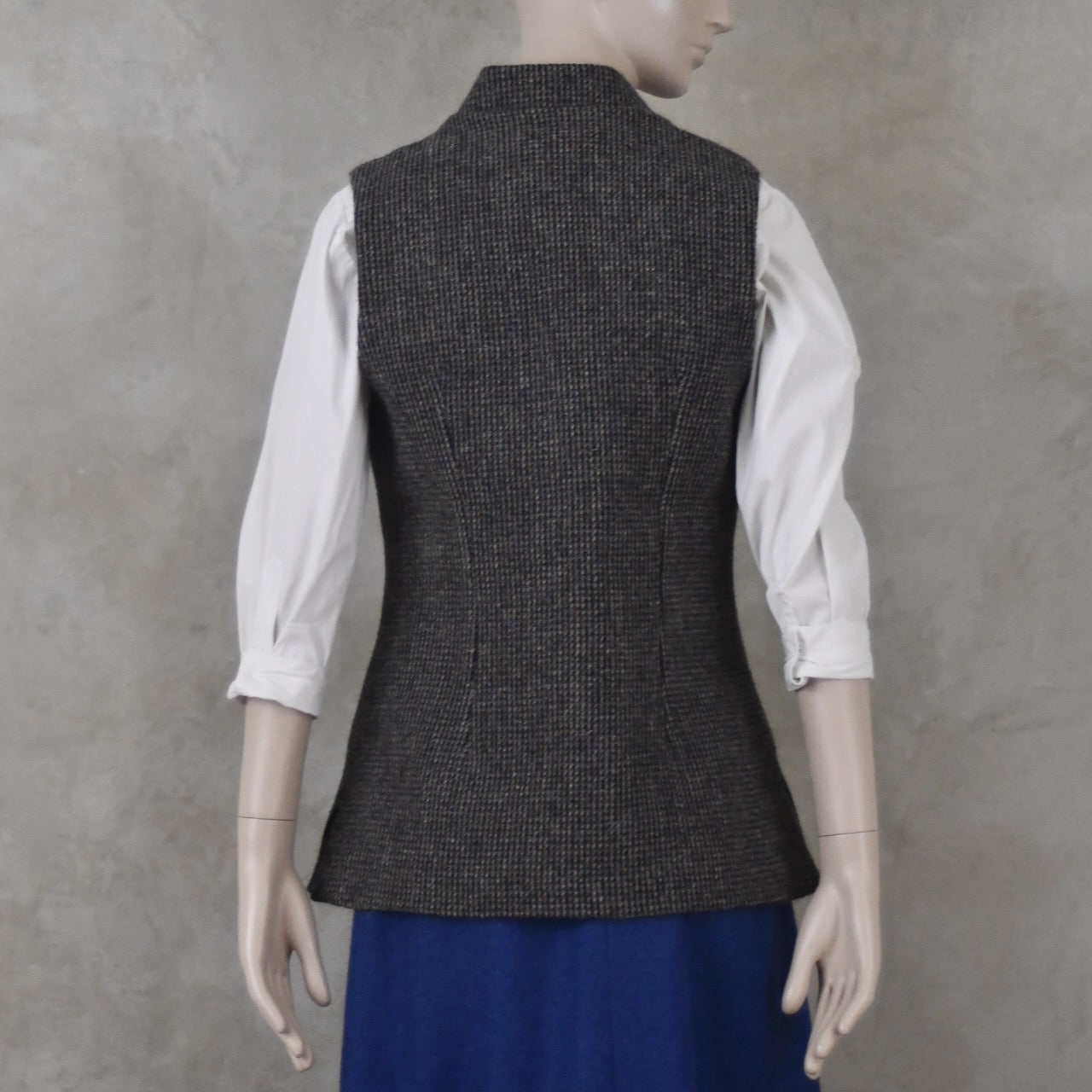 10 – Ladies Classic Cut Waistcoat in Small Blue Check Lovat Tweed