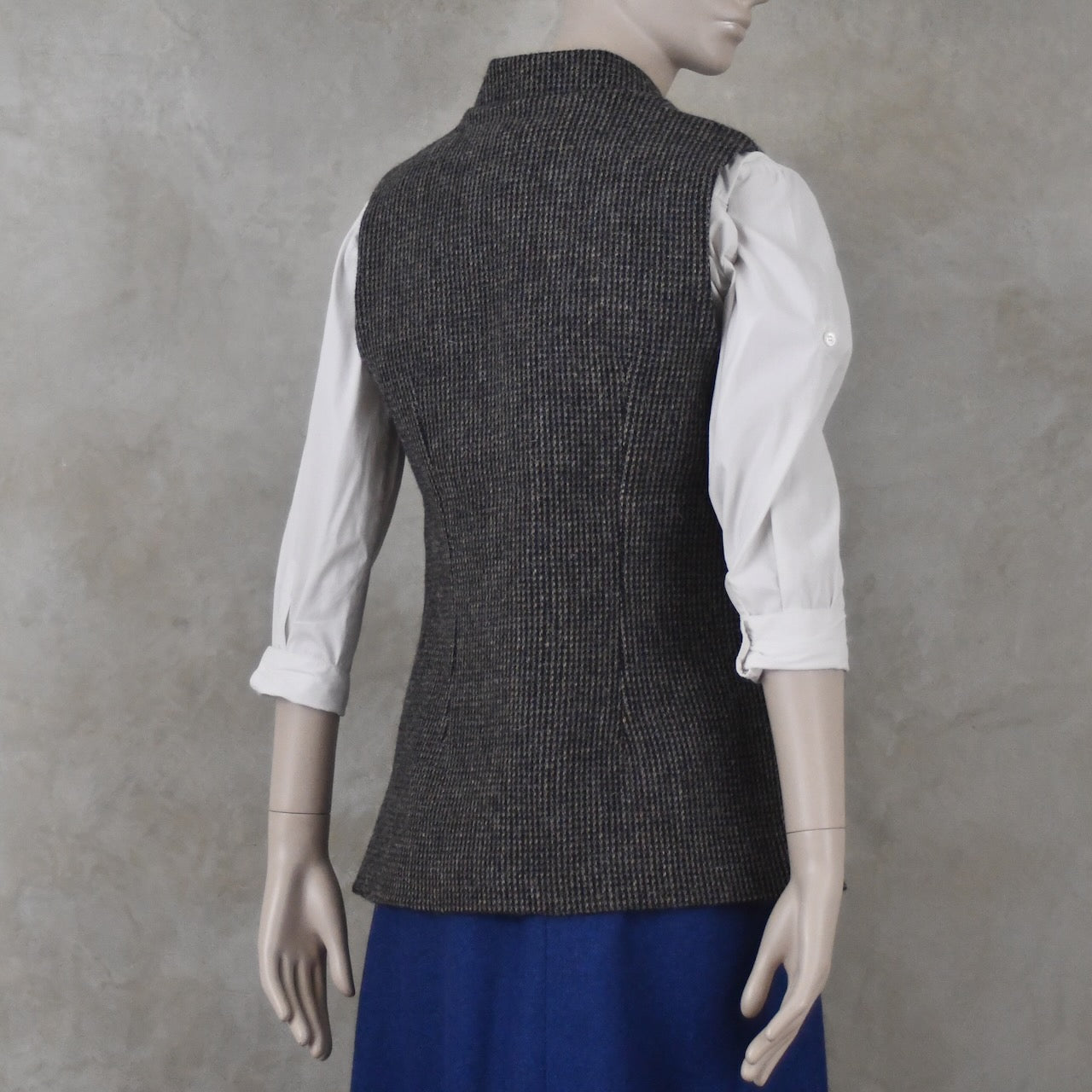 10 – Ladies Classic Cut Waistcoat in Small Blue Check Lovat Tweed