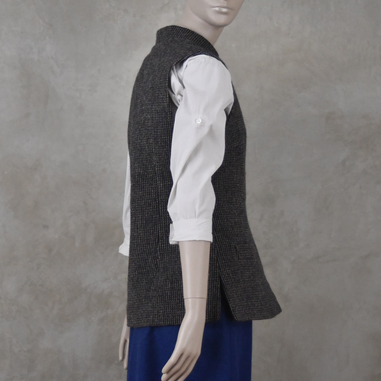 10 – Ladies Classic Cut Waistcoat in Small Blue Check Lovat Tweed
