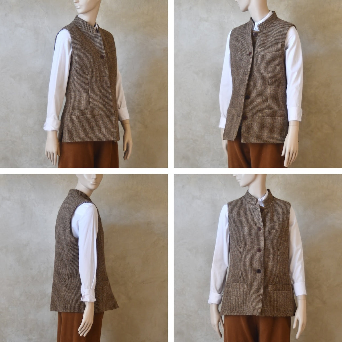 10 – Ladies Classic Cut Waistcoat in Small Brown Check Lovat Tweed