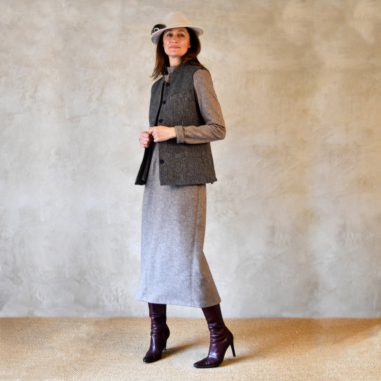 Full view of Ladies Lovat Tweed Gilet in Small Blue Check. With a Nehru Collar and two external pockets this waistocat is a perfect alternative to jumpers or jackets on cooler days. Handmade in London.