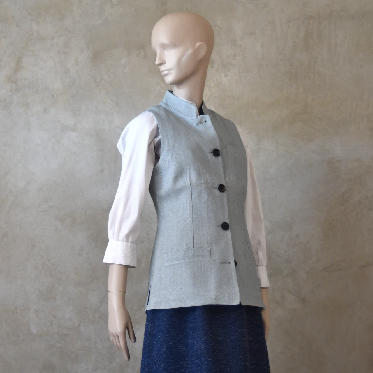 6 – Ladies Classic Cut Waistcoat in Verditter Silk Matka