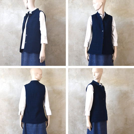 Ladies Classic Cut Waistcoat in Navy Cotton Boucle