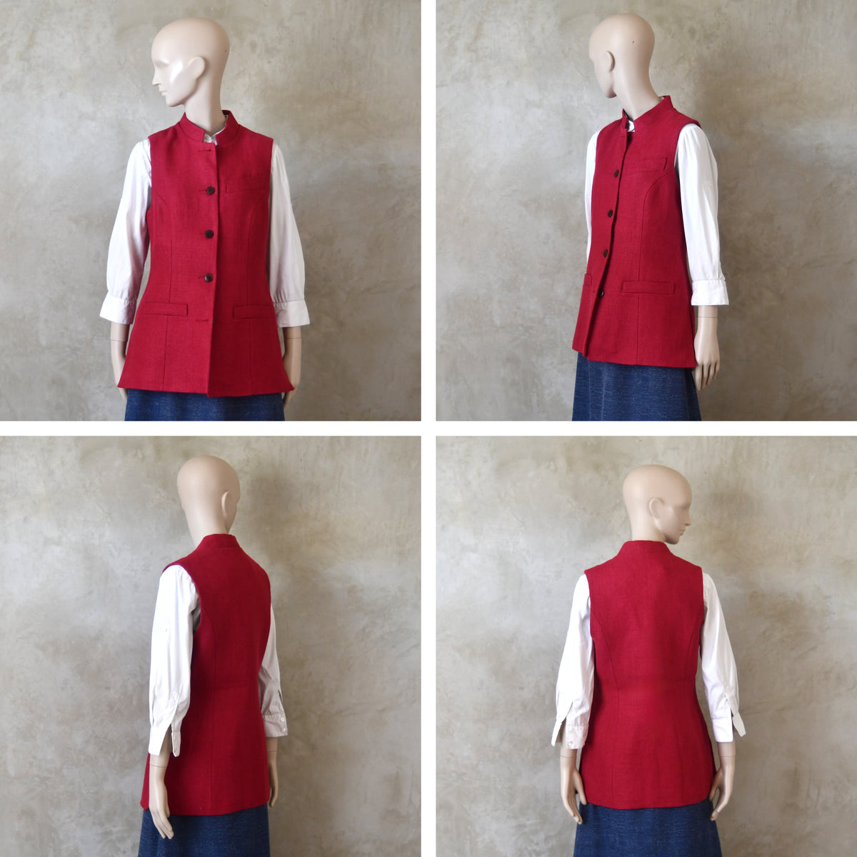 10 – Ladies Longer Length Waistcoat in Deep Red Heavier Weight Linen