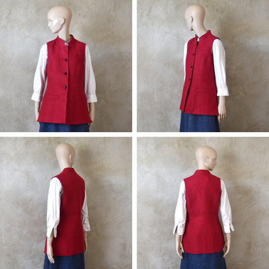 Ladies Longer Length Waistcoat in Deep Red Heavier Weight Linen