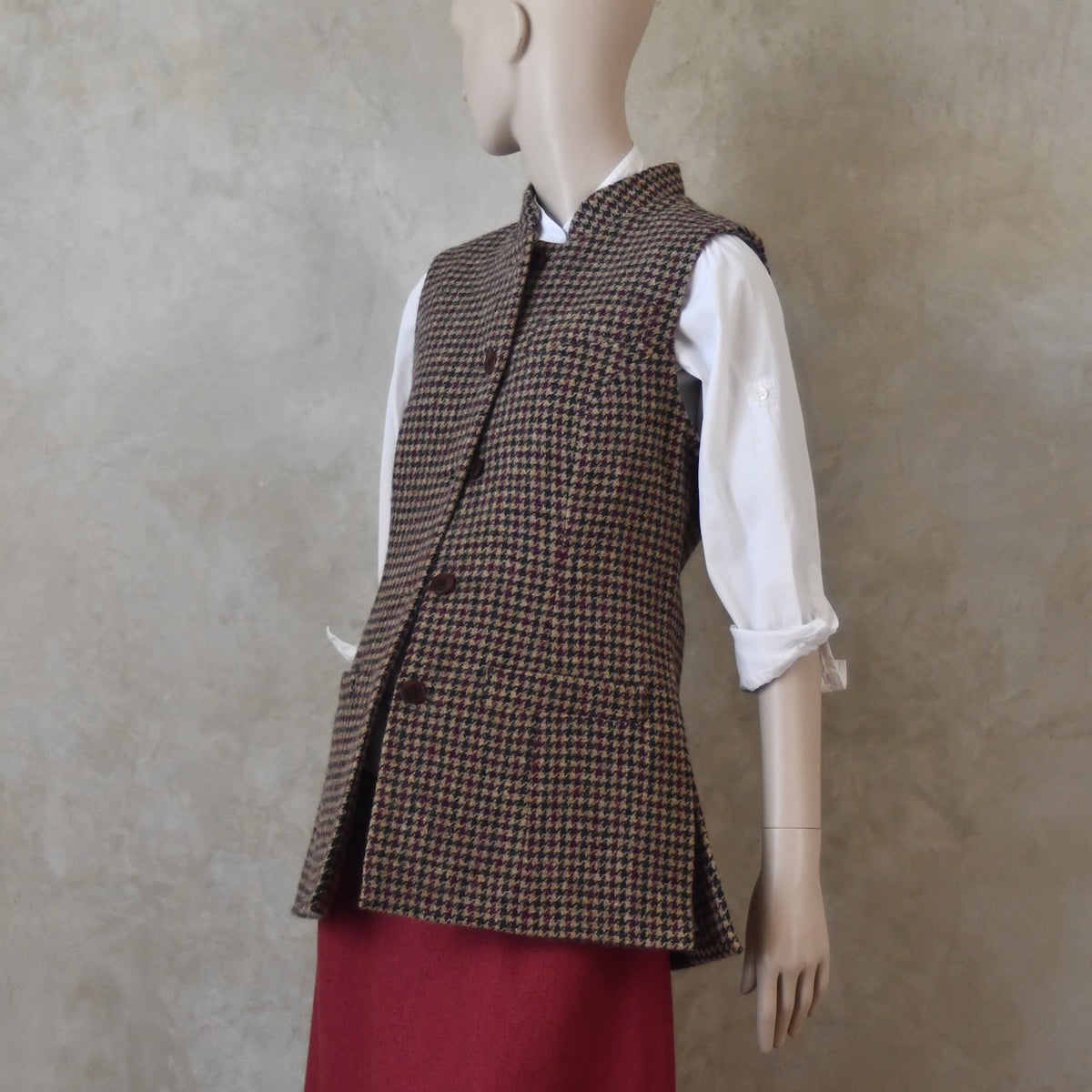 8 – Ladies Longer Length Waistcoat in Camel Check Lovat Tweed