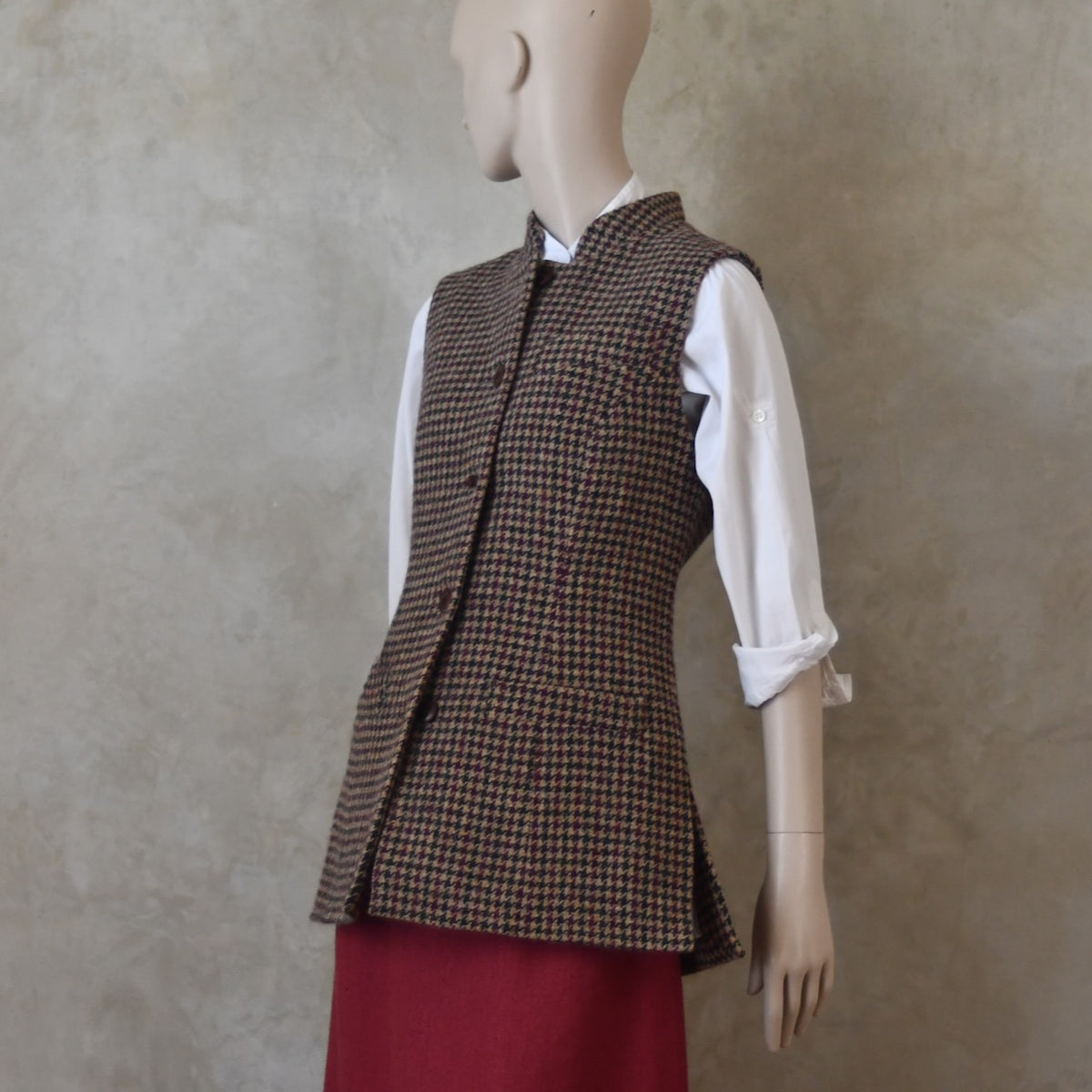 8 – Ladies Longer Length Waistcoat in Camel Check Lovat Tweed