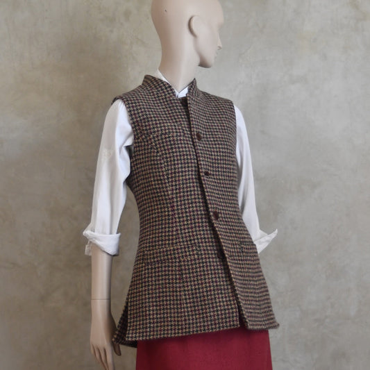 Ladies Longer Length Waistcoat in Camel Check Lovat Tweed