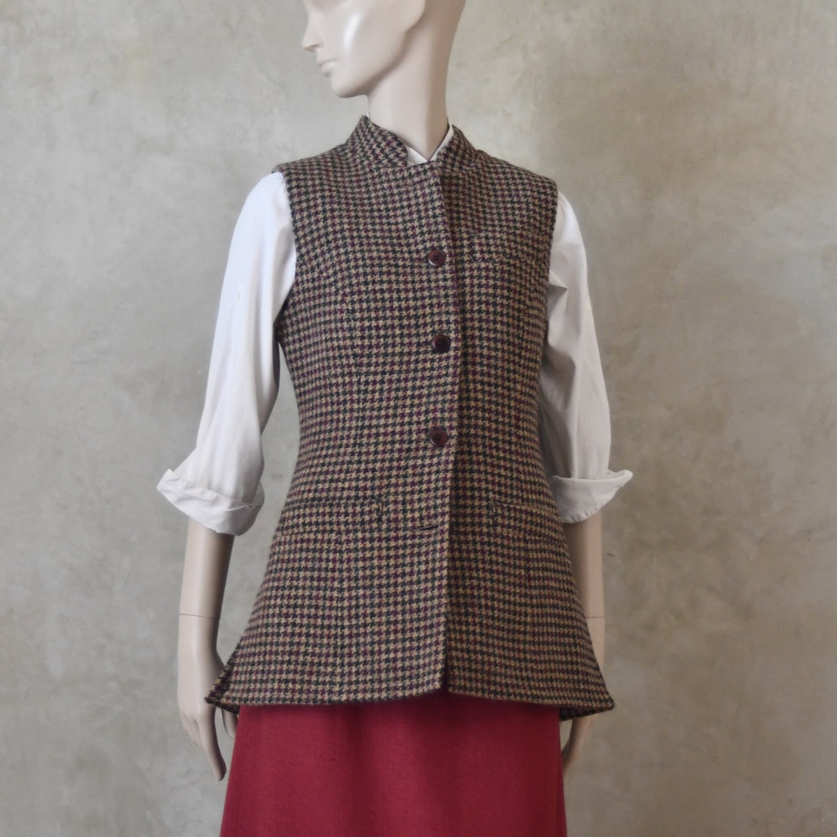 8 – Ladies Longer Length Waistcoat in Camel Check Lovat Tweed