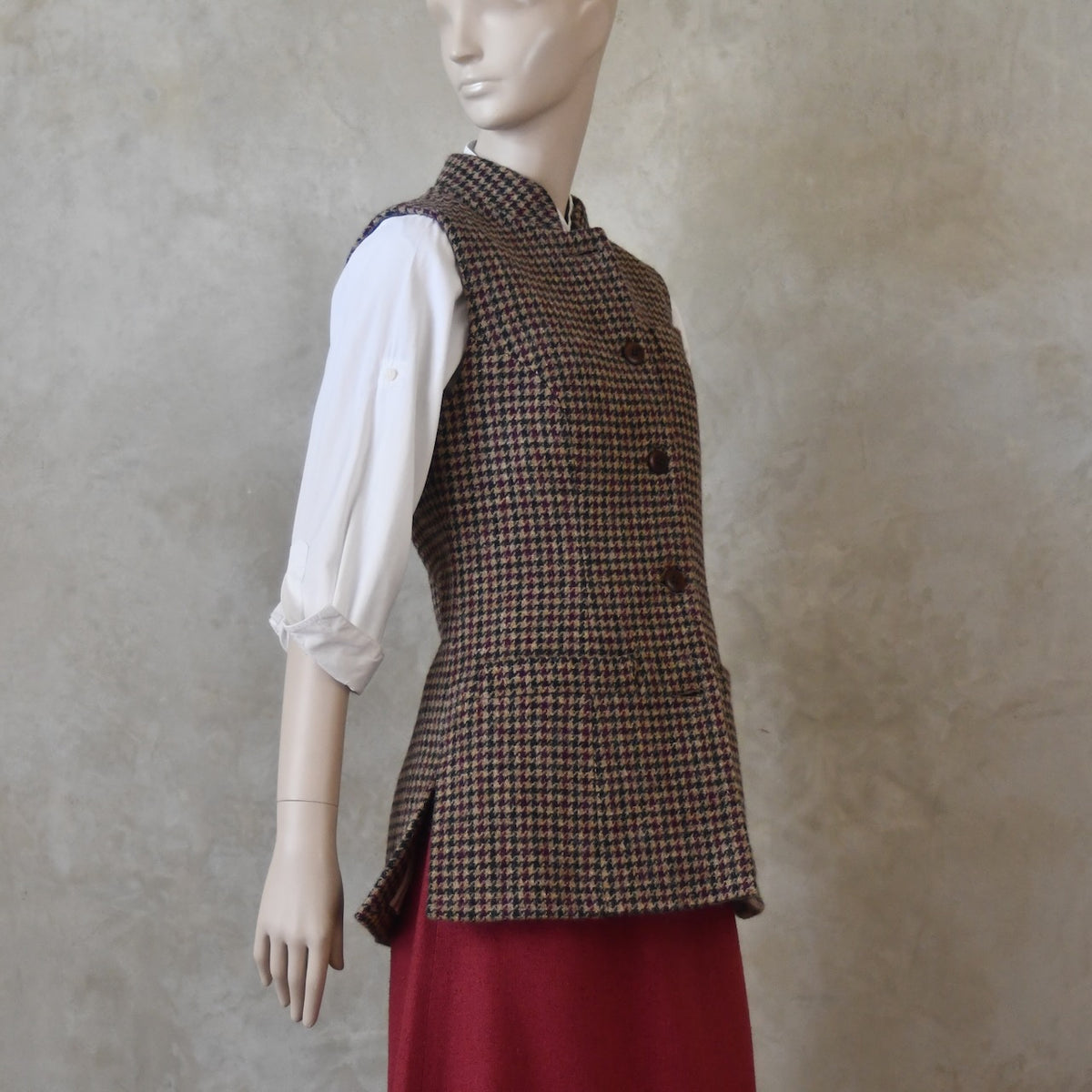 8 – Ladies Longer Length Waistcoat in Camel Check Lovat Tweed
