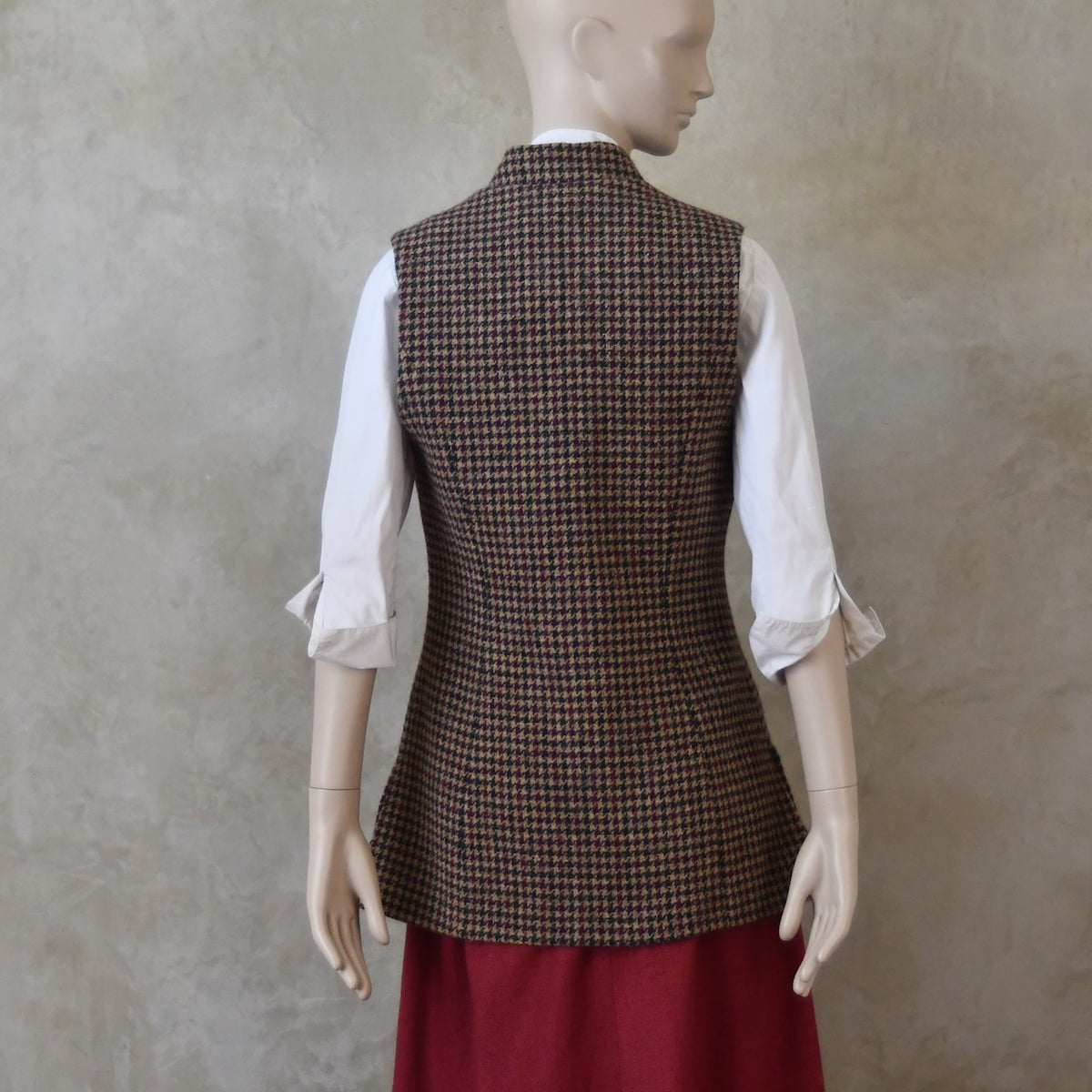 8 – Ladies Longer Length Waistcoat in Camel Check Lovat Tweed