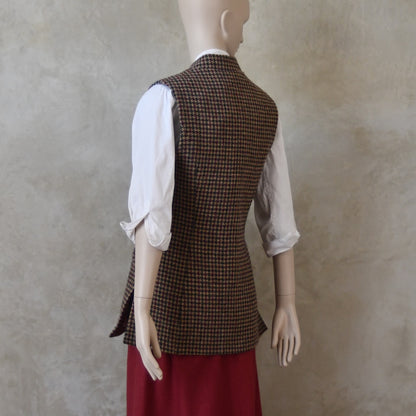 8 – Ladies Longer Length Waistcoat in Camel Check Lovat Tweed