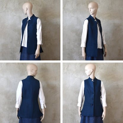 14 – Ladies Longer Length Waistcoat in Indigo Heavier Weight Linen