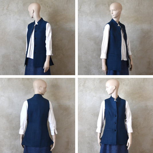 Ladies Longer Length Waistcoat in Indigo Heavier Weight Linen