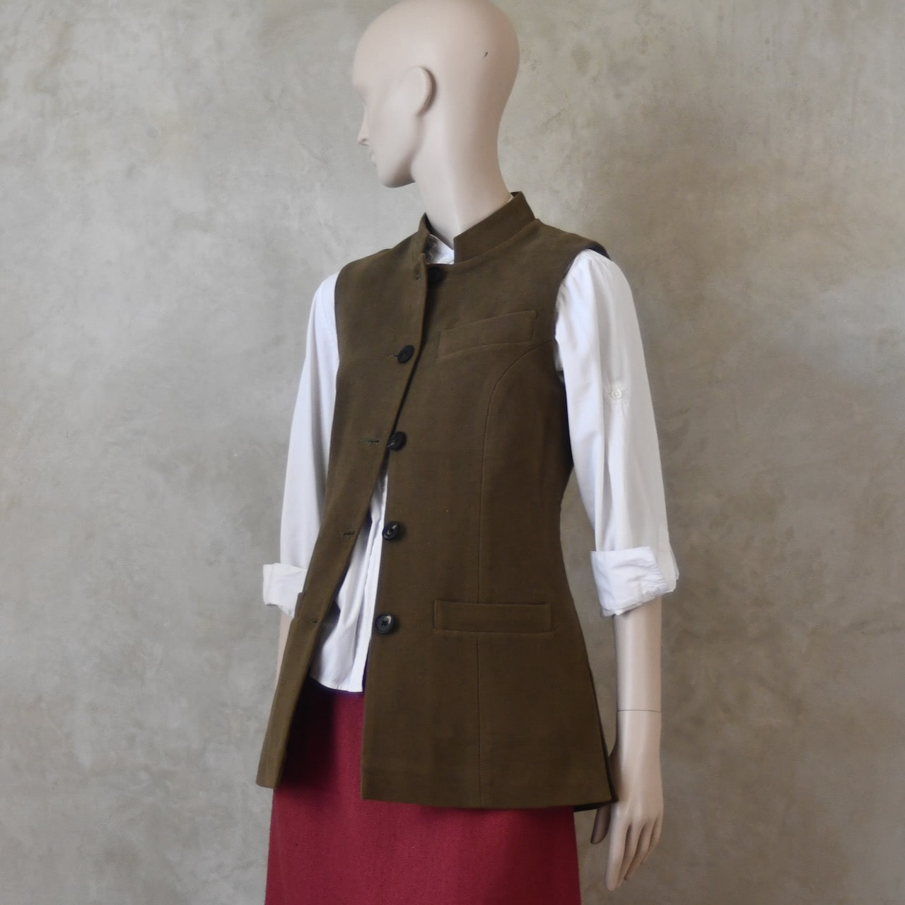 10 – Ladies Longer Length Waistcoat in Khaki Moleskin