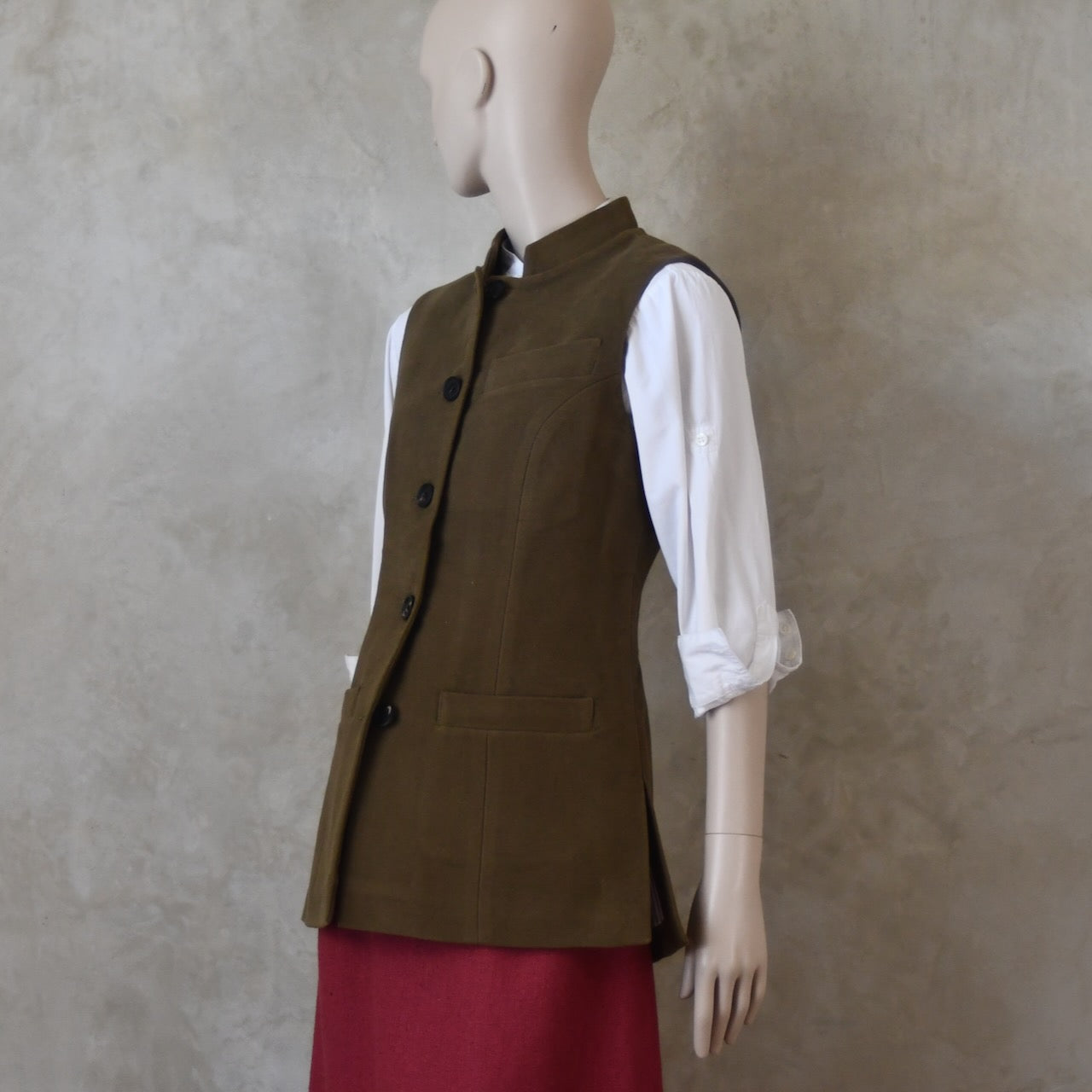 10 – Ladies Longer Length Waistcoat in Khaki Moleskin