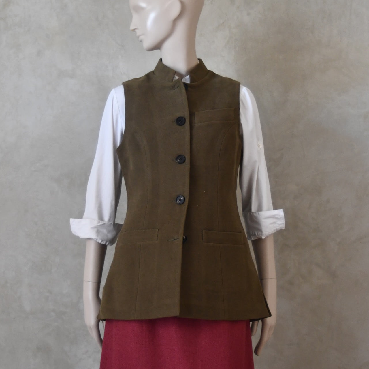 10 – Ladies Longer Length Waistcoat in Khaki Moleskin
