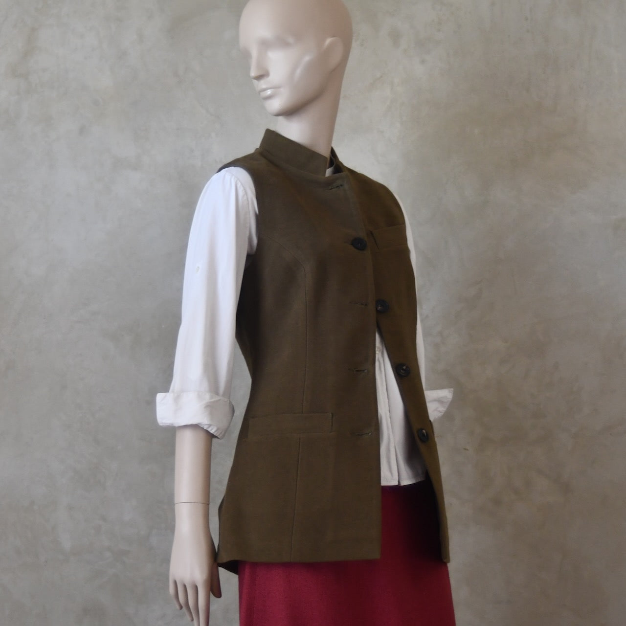 10 – Ladies Longer Length Waistcoat in Khaki Moleskin