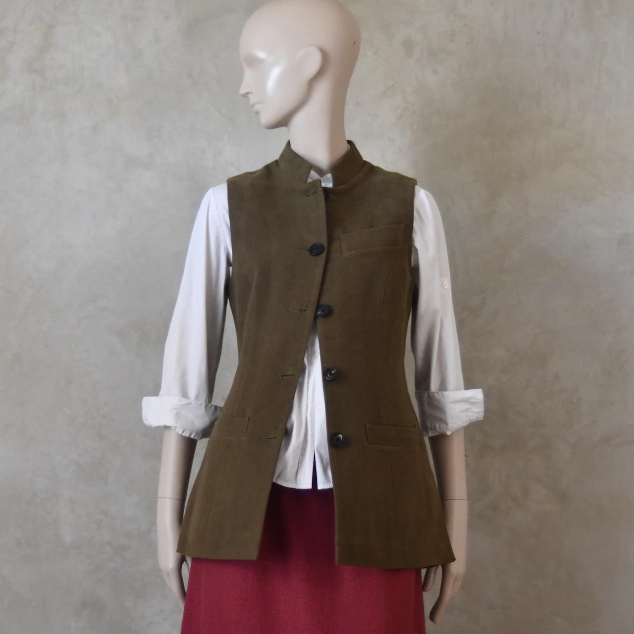10 – Ladies Longer Length Waistcoat in Khaki Moleskin