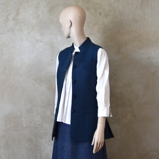 Ladies Longer Length Waistcoat in Indigo Heavier Weight Linen