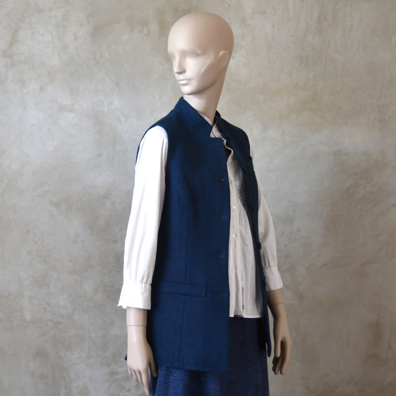14 – Ladies Longer Length Waistcoat in Indigo Heavier Weight Linen