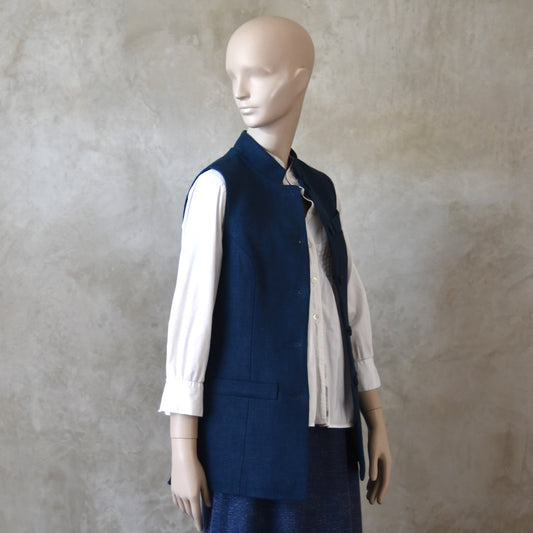 8 – Ladies Longer Length Waistcoat in Indigo Heavier Weight Linen