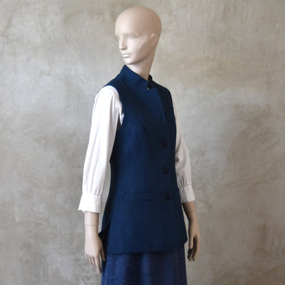 14 – Ladies Longer Length Waistcoat in Indigo Heavier Weight Linen