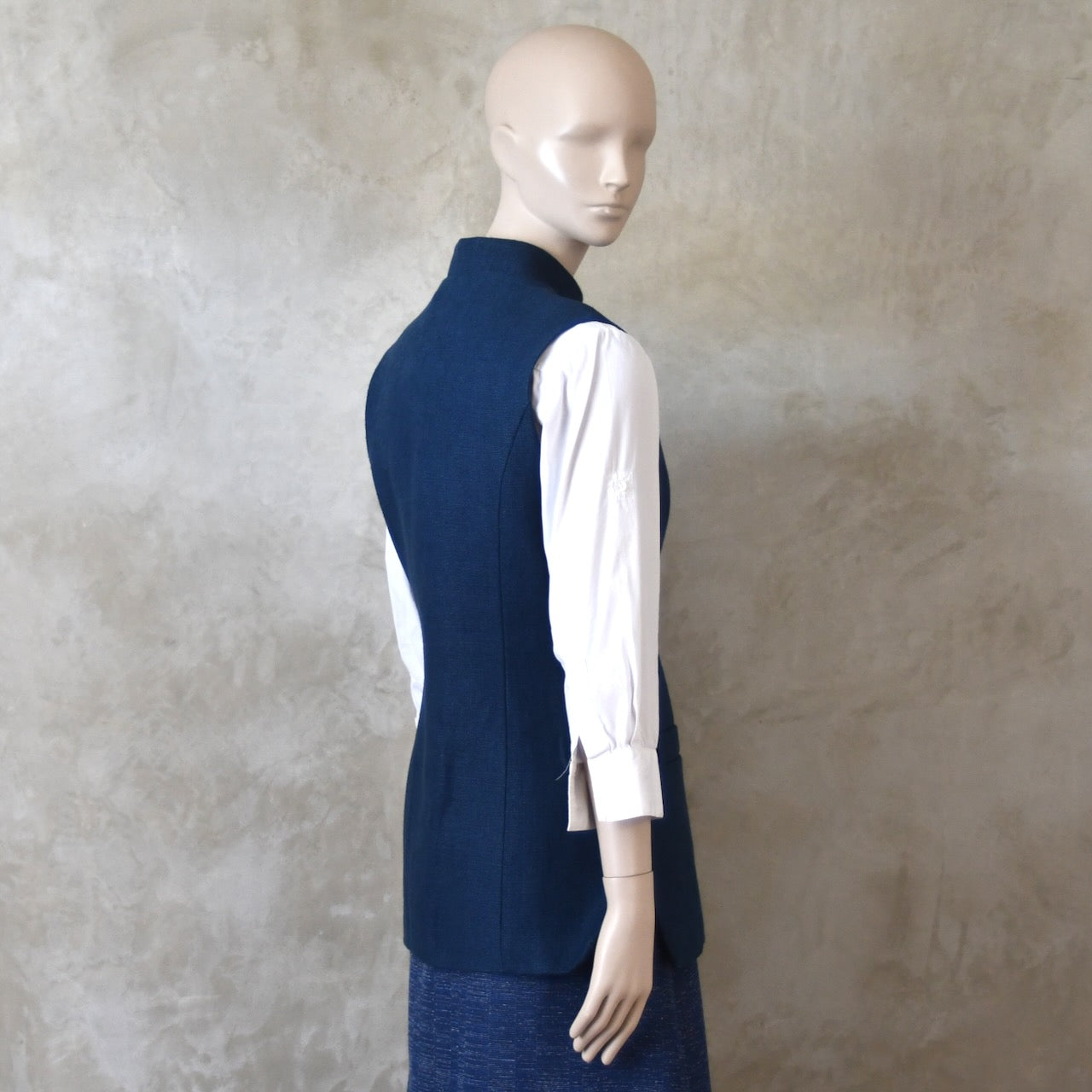 14 – Ladies Longer Length Waistcoat in Indigo Heavier Weight Linen