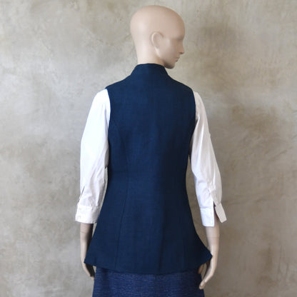 14 – Ladies Longer Length Waistcoat in Indigo Heavier Weight Linen