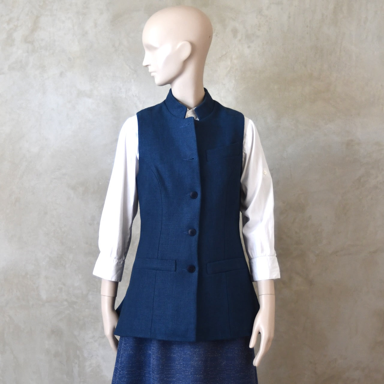 14 – Ladies Longer Length Waistcoat in Indigo Heavier Weight Linen
